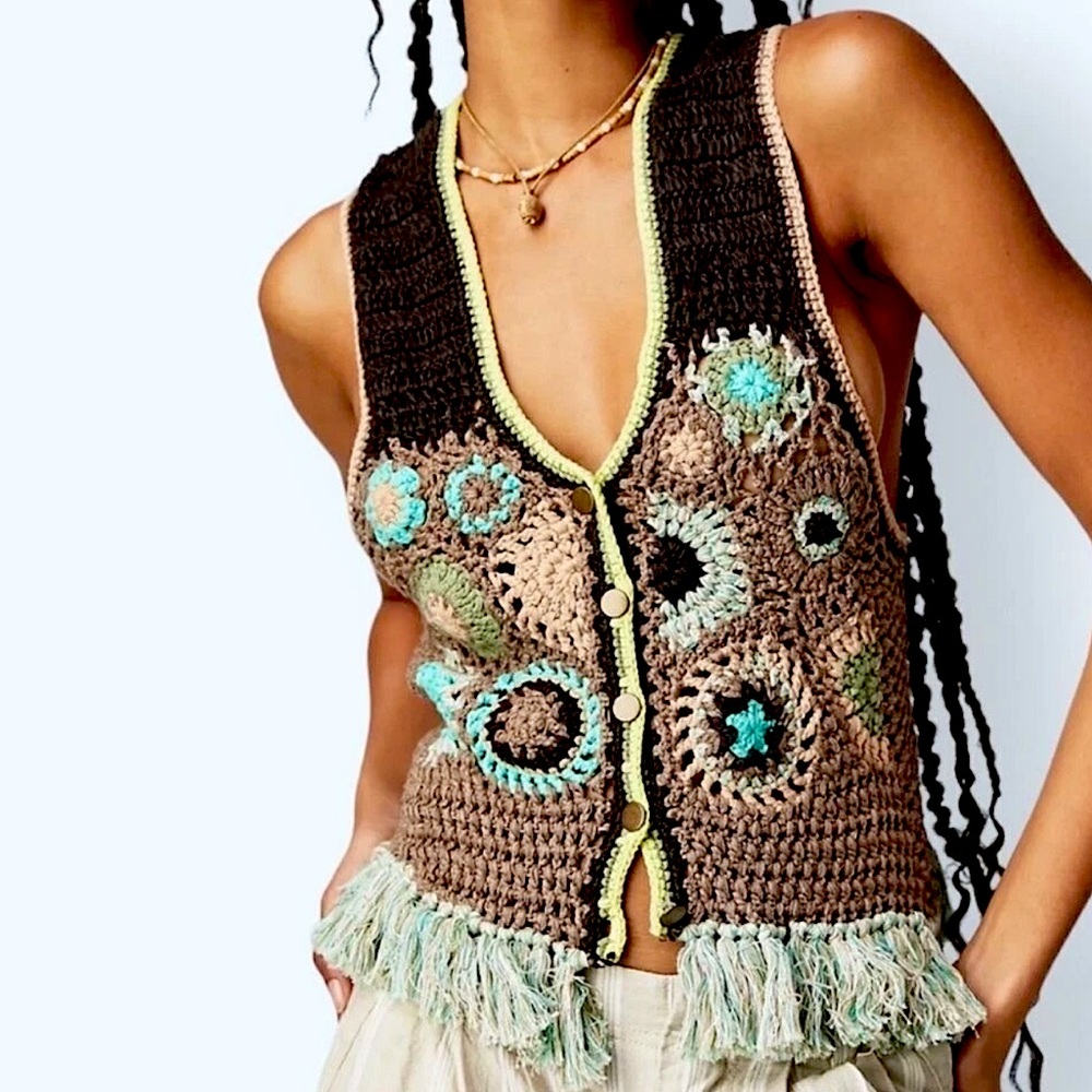 Free People Handcrafted Desert Rose Crochet Vest, NEW